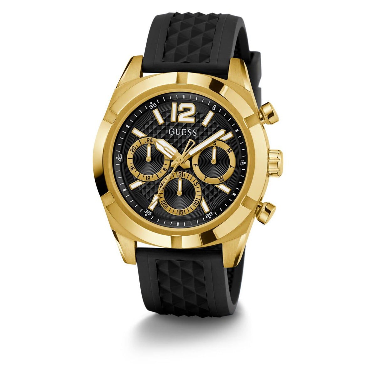 Men's gold-tone chronograph watch with black dial and embossed black silicone strap.