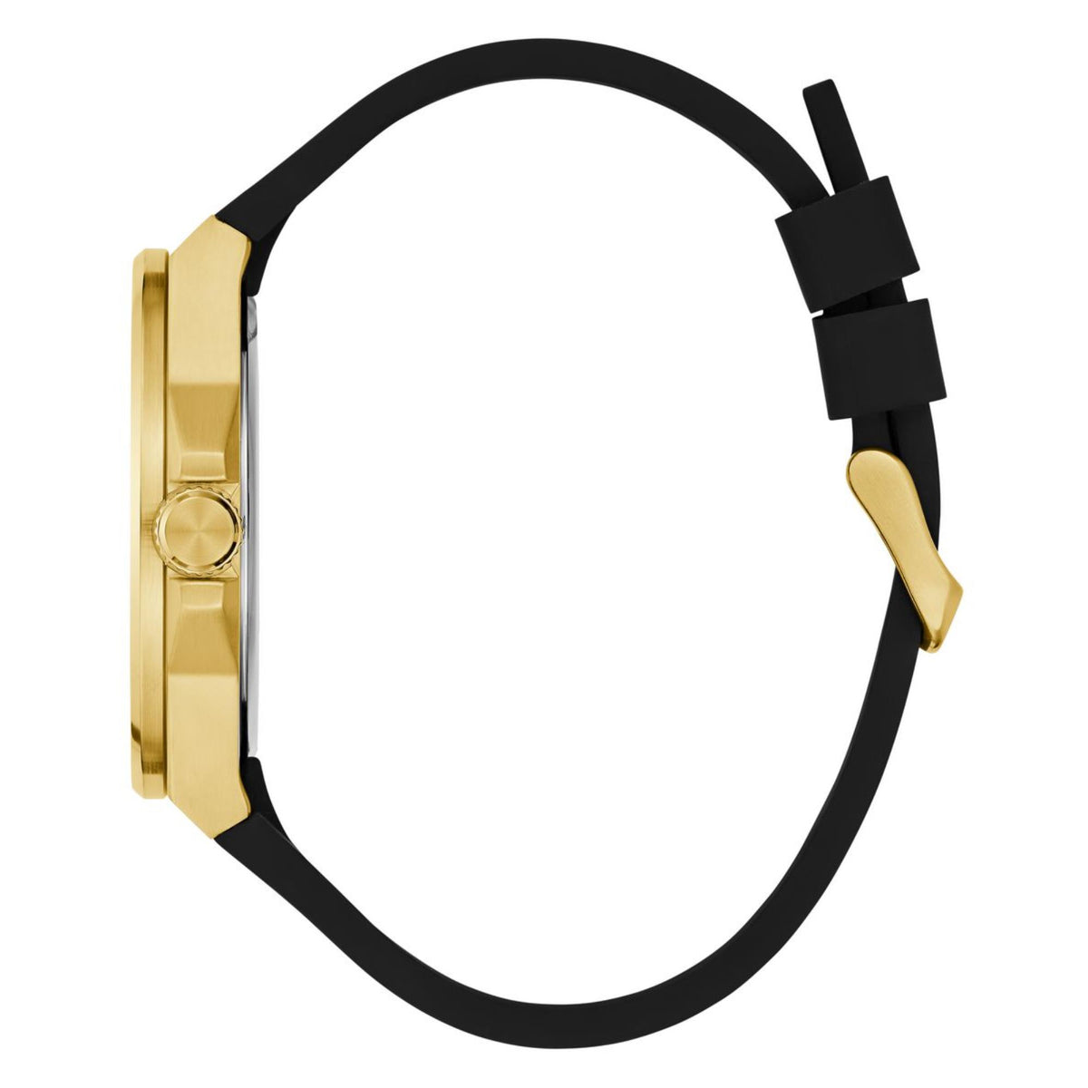 Men's analog watch side view, gold case, black silicone strap and buckle
