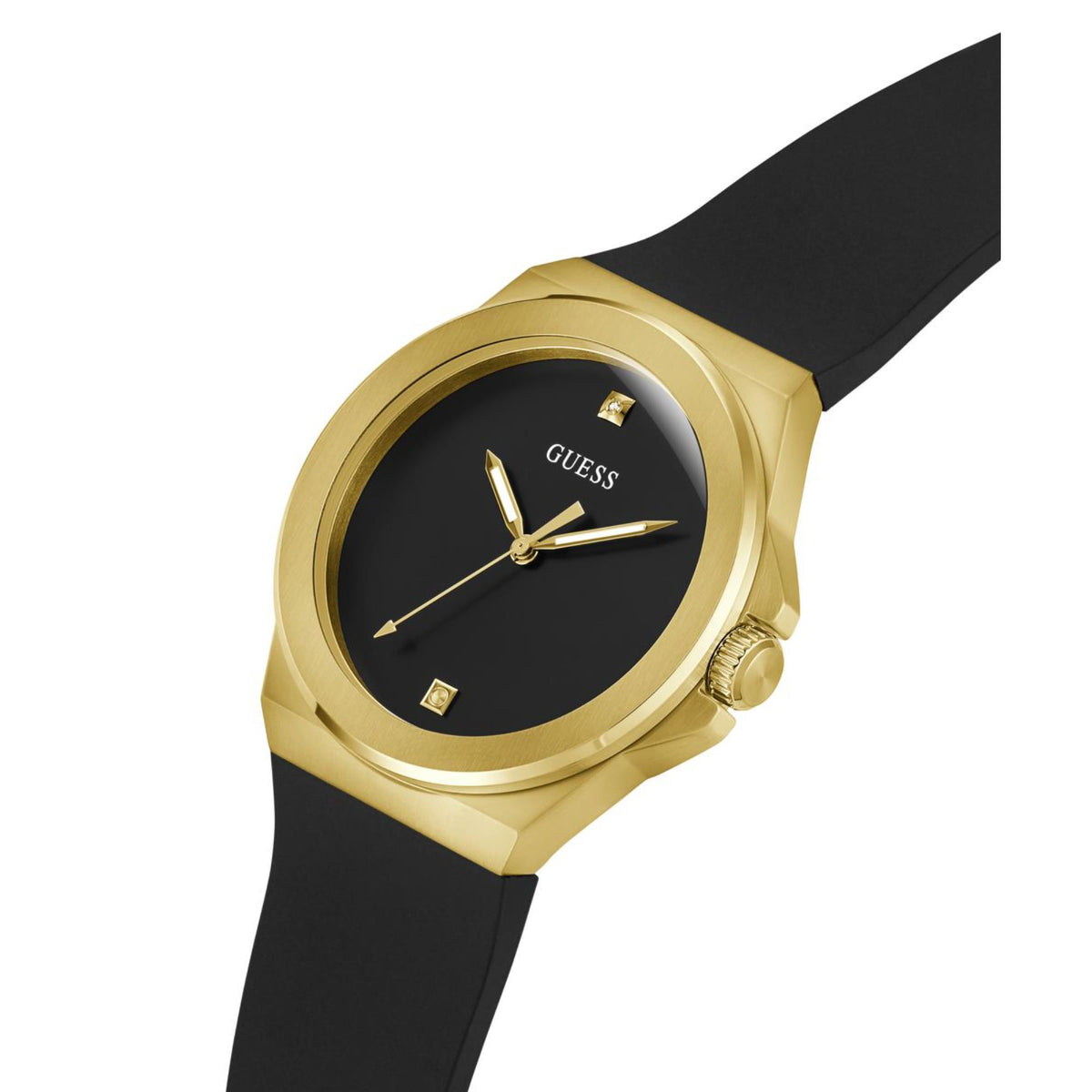 Men's analog watch angled view, black dial and gold bezel on black silicone strap