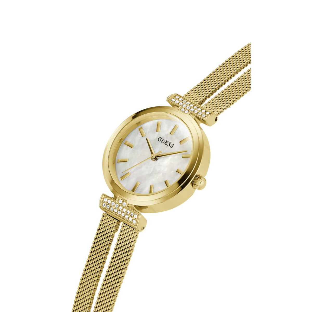 Guess watch angled view: gold mesh strap, mother-of-pearl dial, rhinestone bezel detail