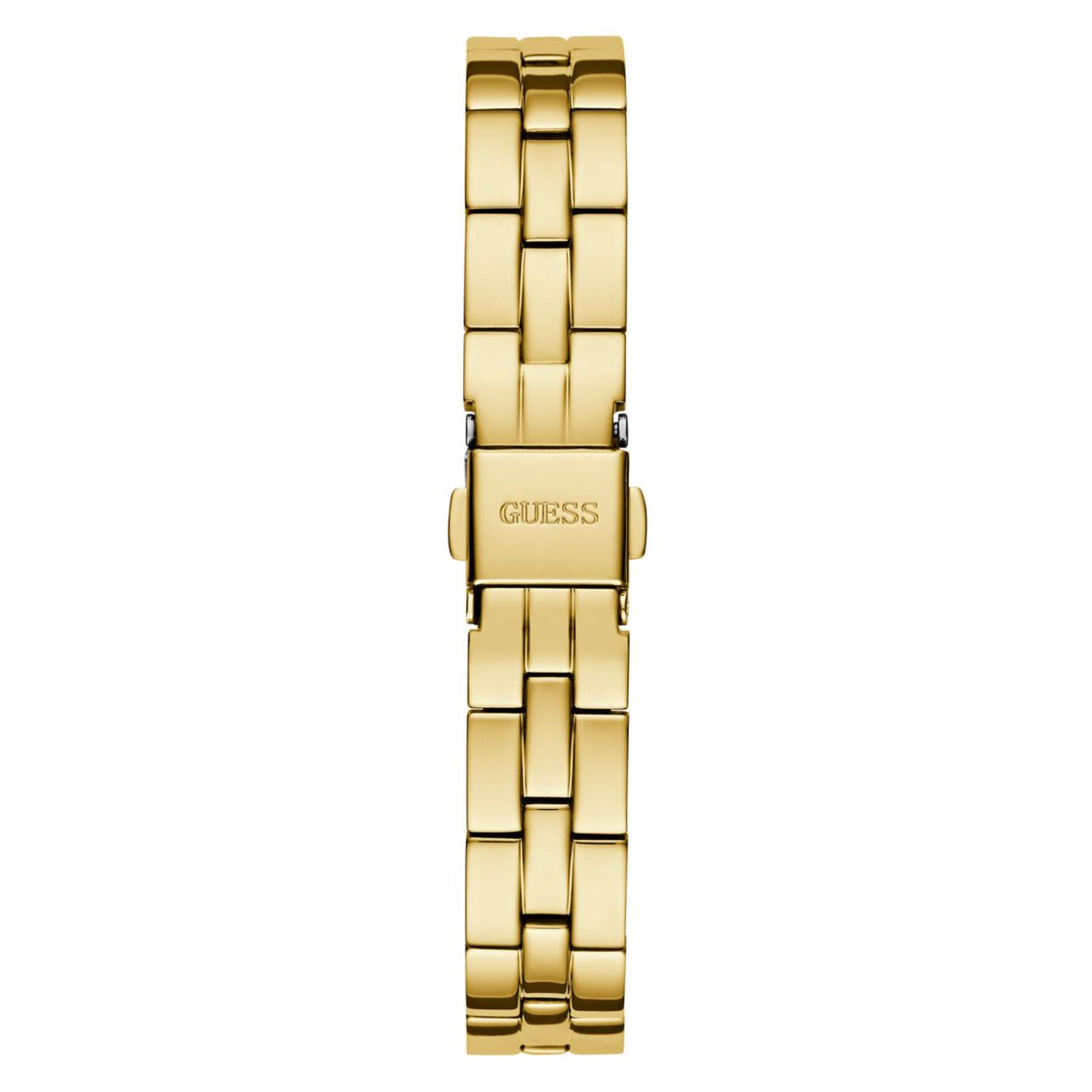 Women’s gold-tone stainless steel watch with link bracelet, side view