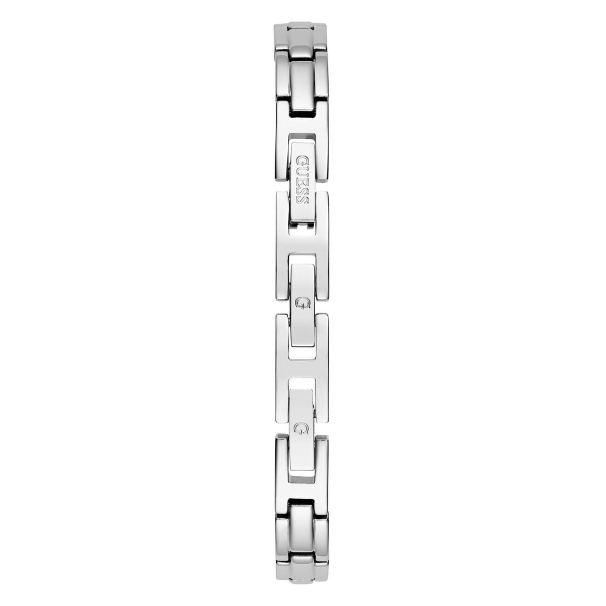 Silver stainless steel watch band with polished links and hinge clasp detail