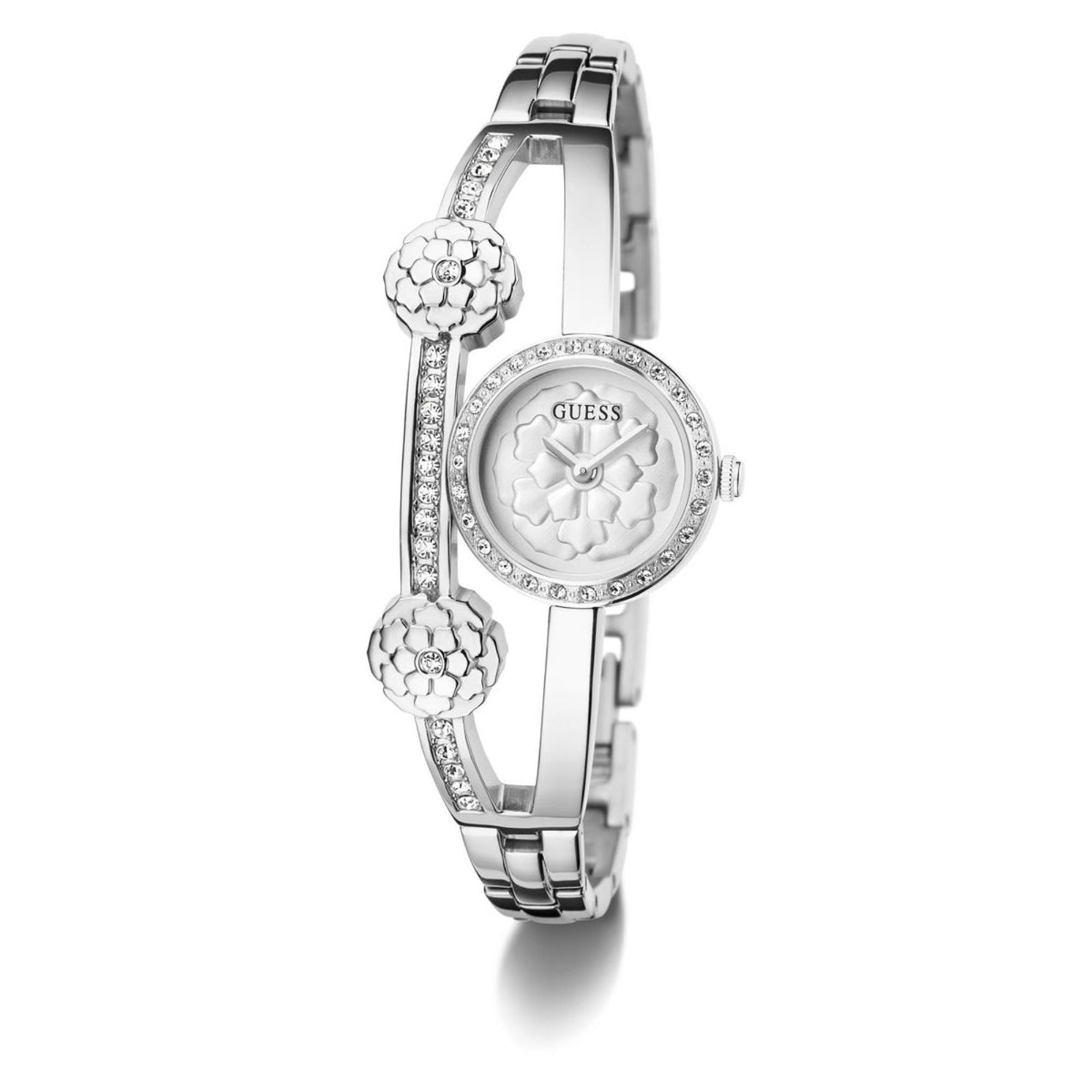Silver stainless steel watch featuring round dial with GUESS logo and sparkling bezel
