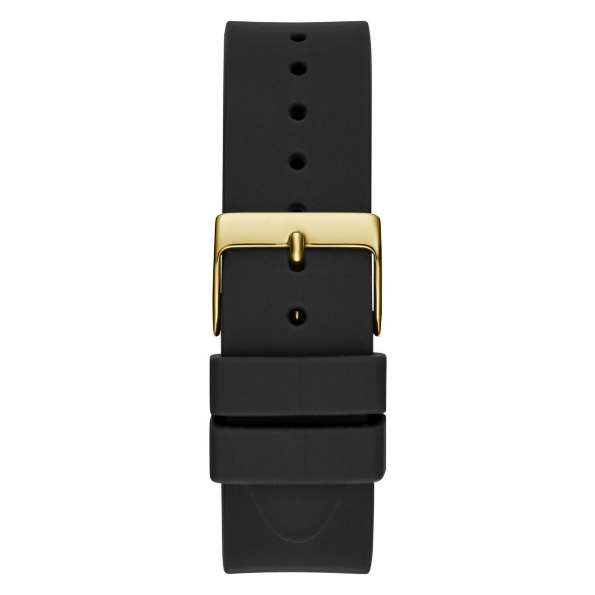 Women's black silicone watch strap with gold-tone clasp and underside view