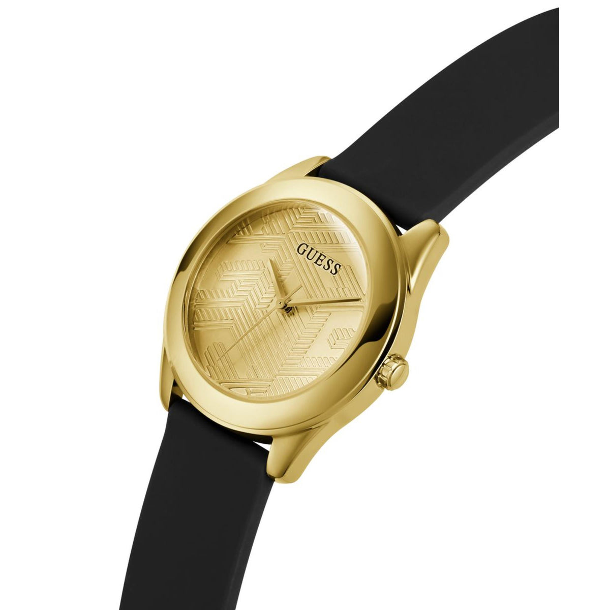 Women's Guess Cubed watch side view with gold-tone case and black silicone strap