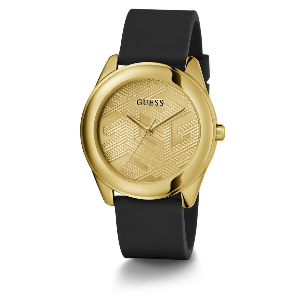Women's gold-tone Guess watch with textured gold dial and black silicone strap