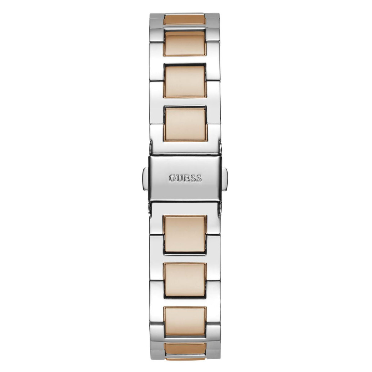 Back view of two-tone stainless steel women’s wristwatch with gold-toned sections