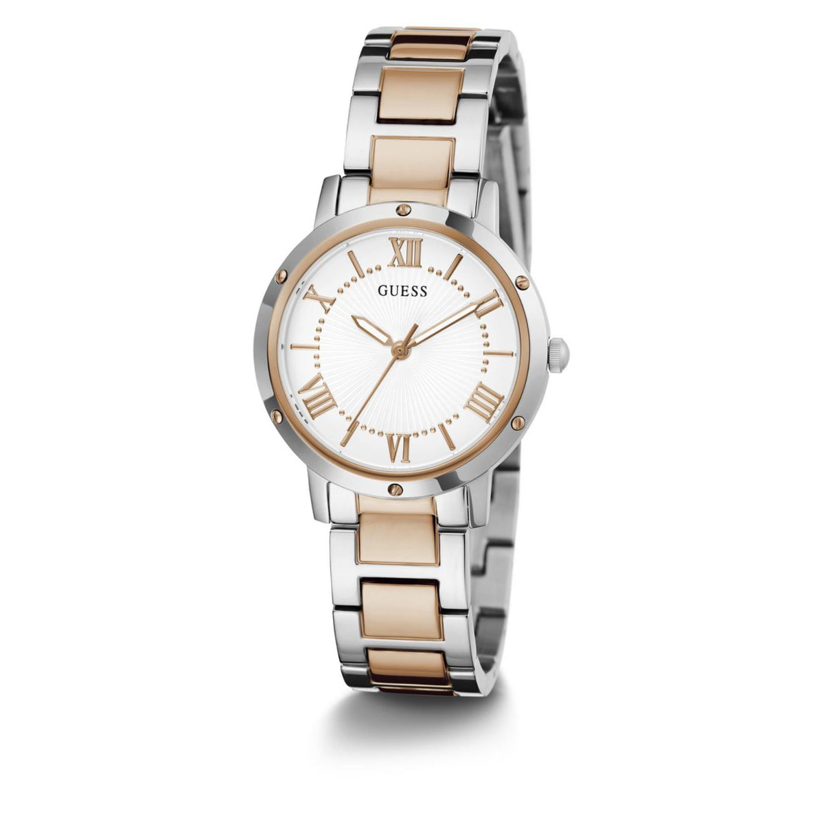 Front view of two-tone stainless steel women’s wristwatch with round white dial