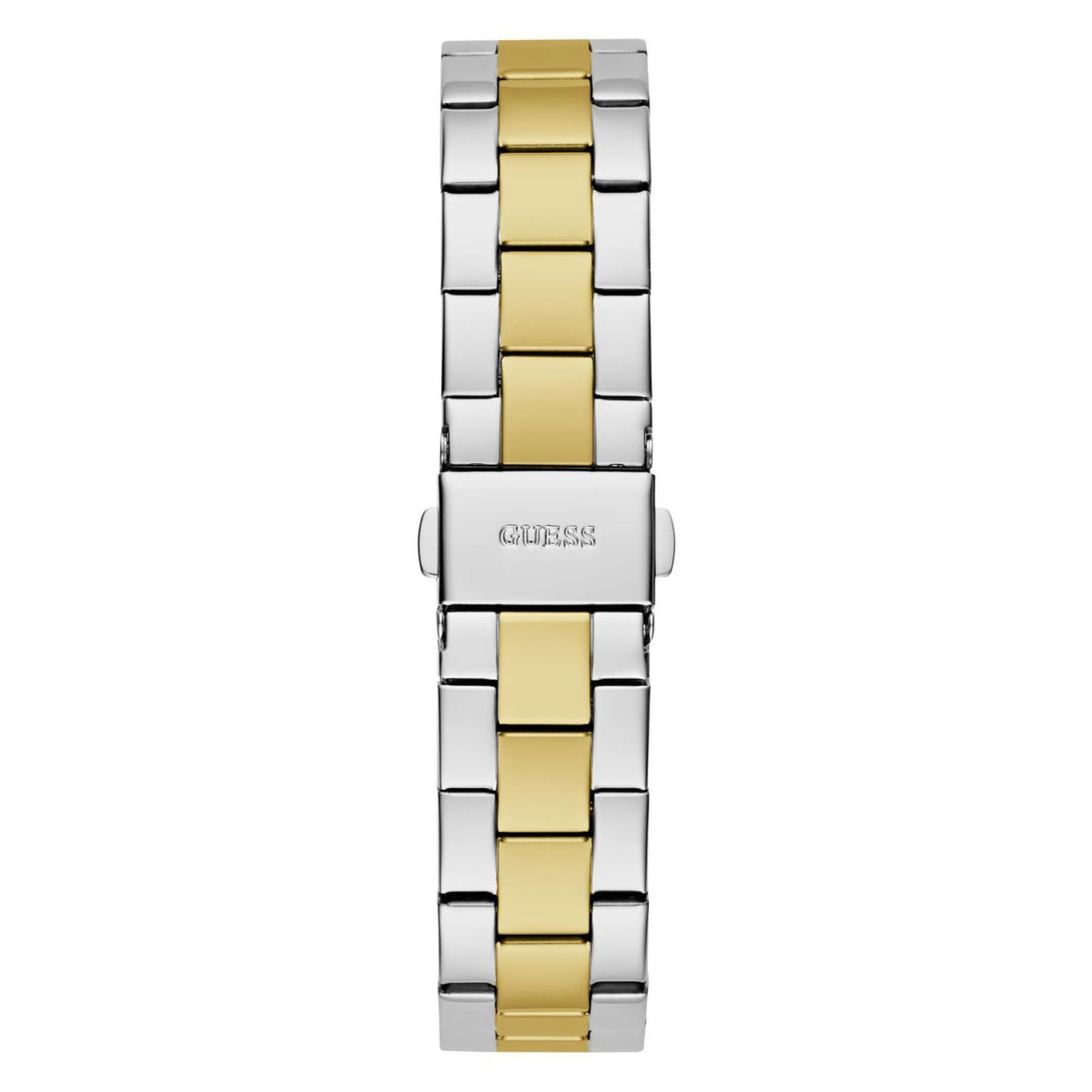 Women's stainless steel watch clasp with two-tone center links and visible GUESS logo