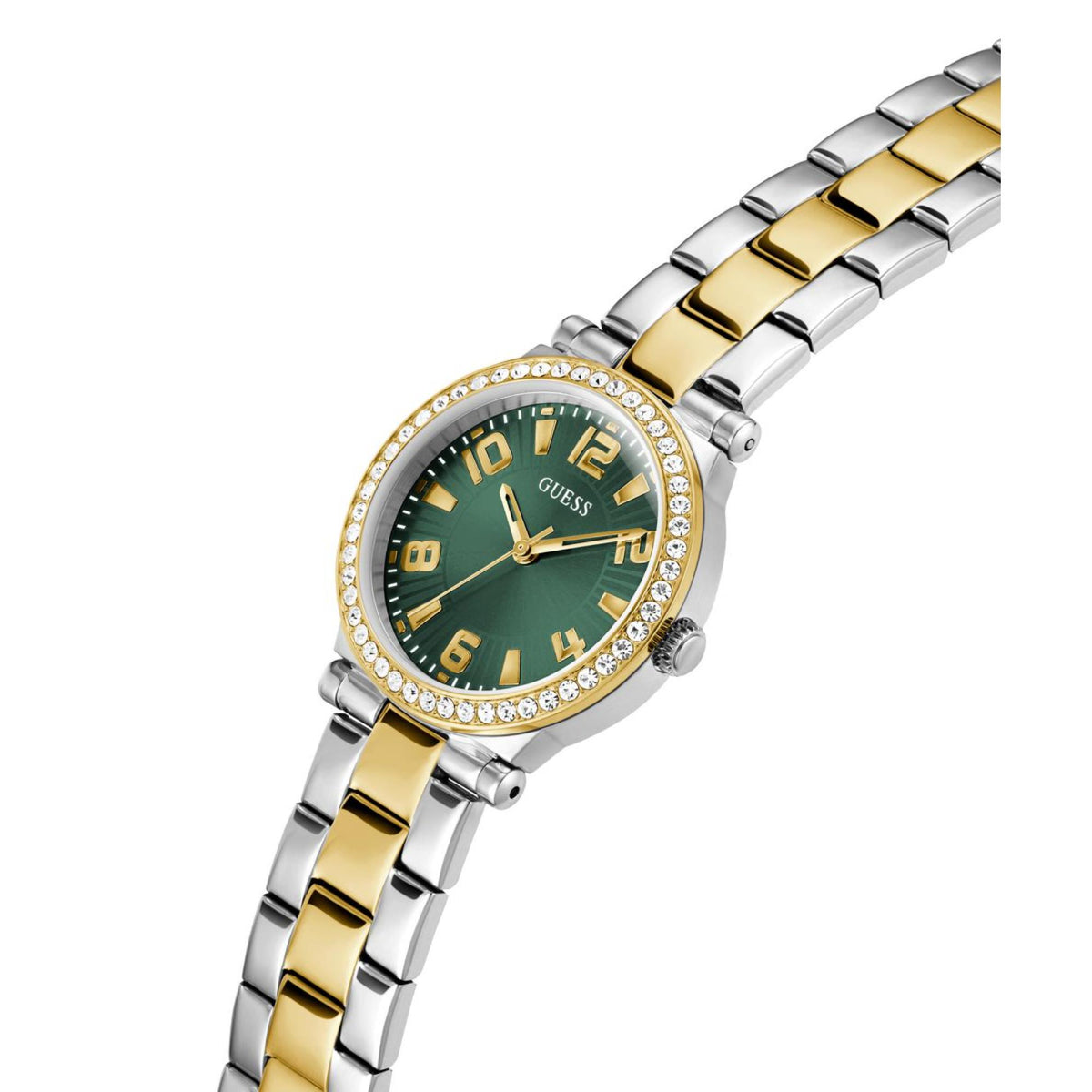 Two-tone women's watch with green dial, gold bar markers, crystal bezel, polished link band
