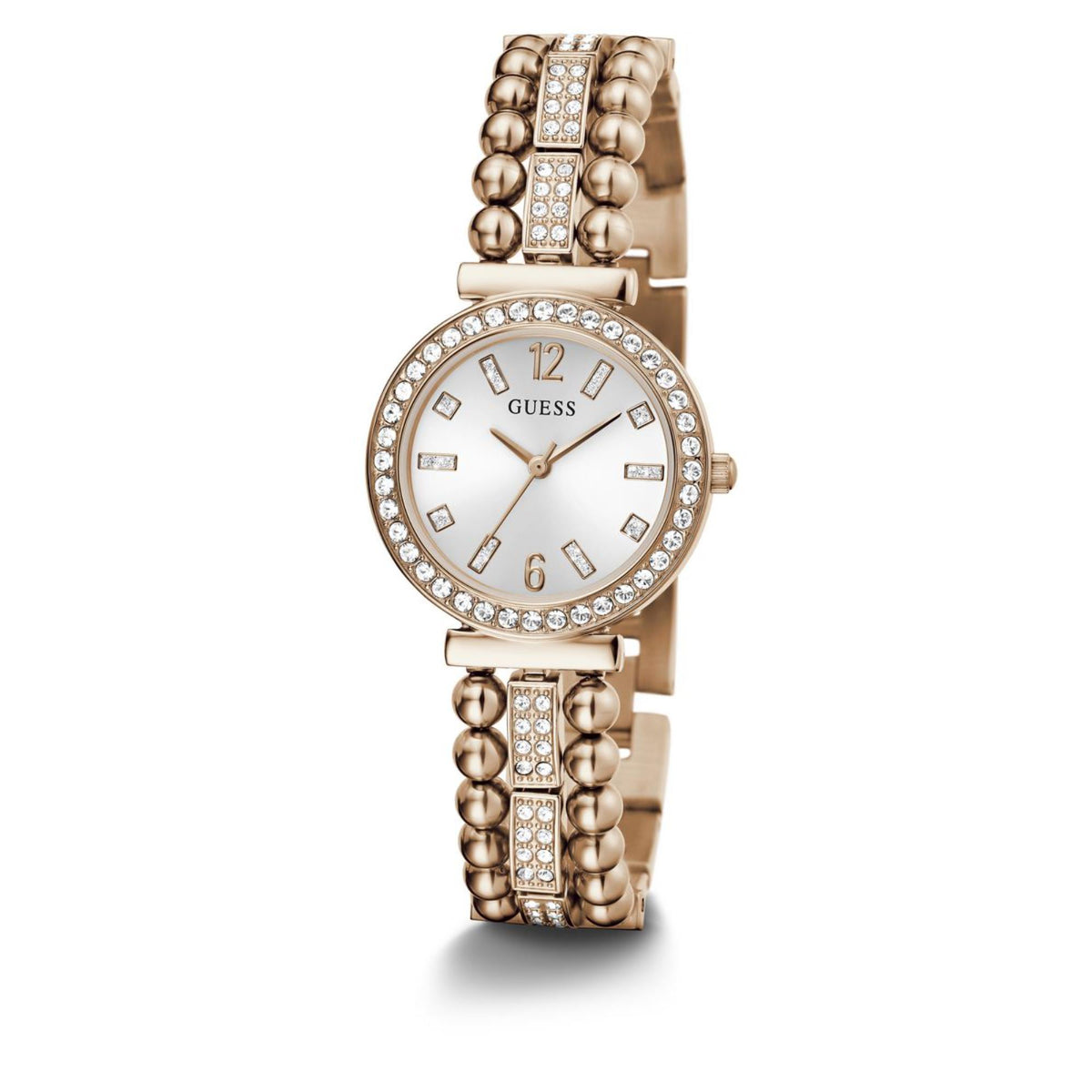 Gold-tone Guess watch with white dial, crystal hour markers, pearl-bead strap