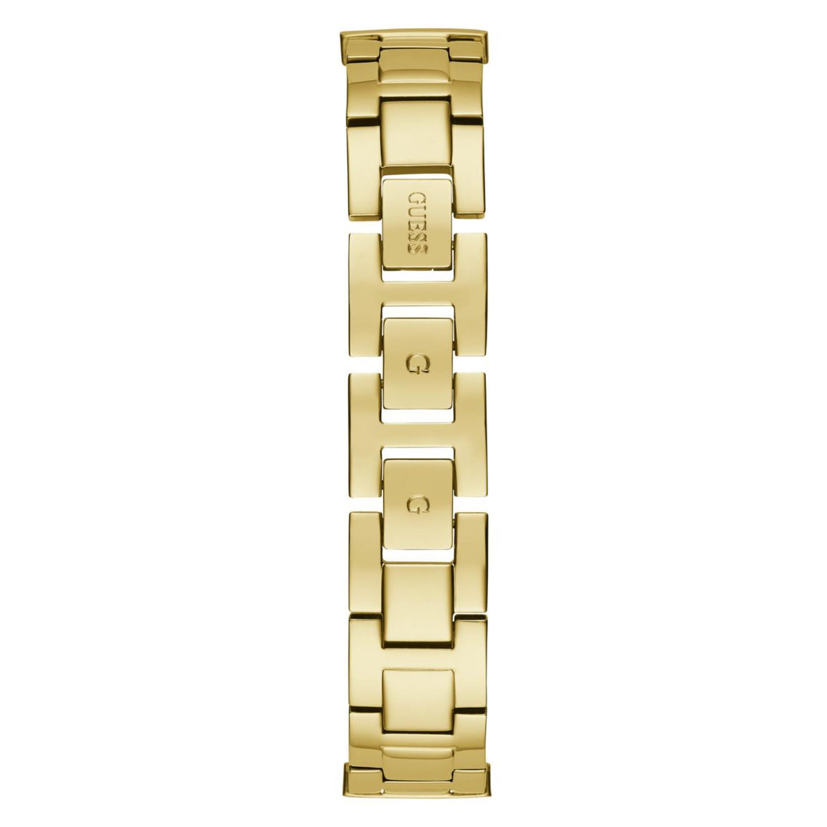 Gold-tone watch bracelet with rectangular link panels and secure clasp, vertical view