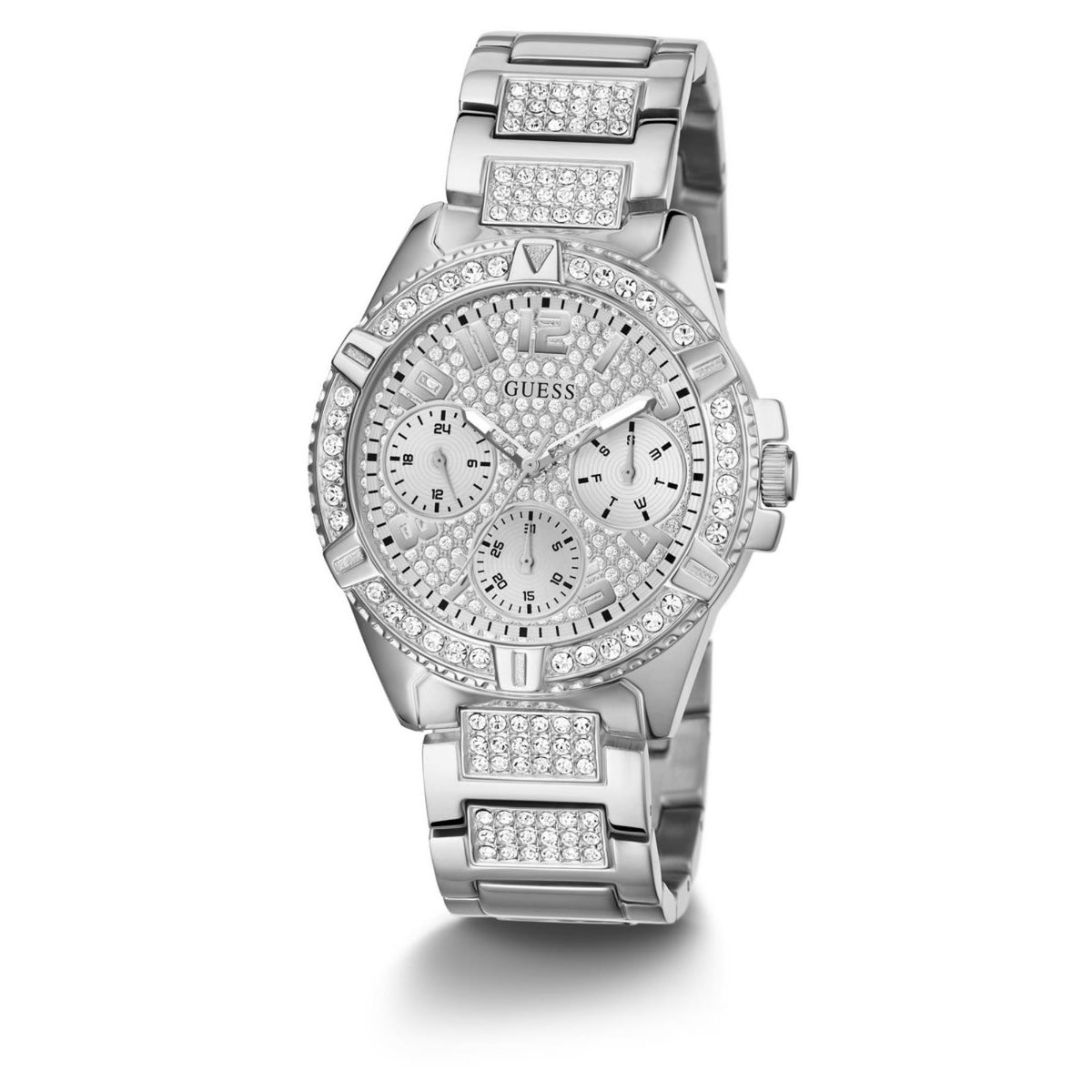 Silver-toned rhinestone bezel chronograph-style women’s watch with three subdials