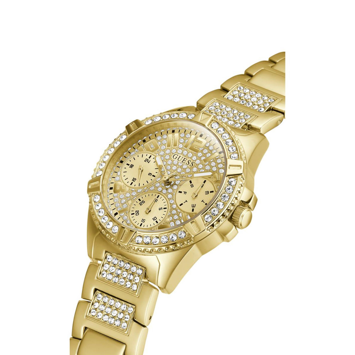 Gold tone women’s chronograph-style watch with rhinestone bezel and champagne dial, angle view