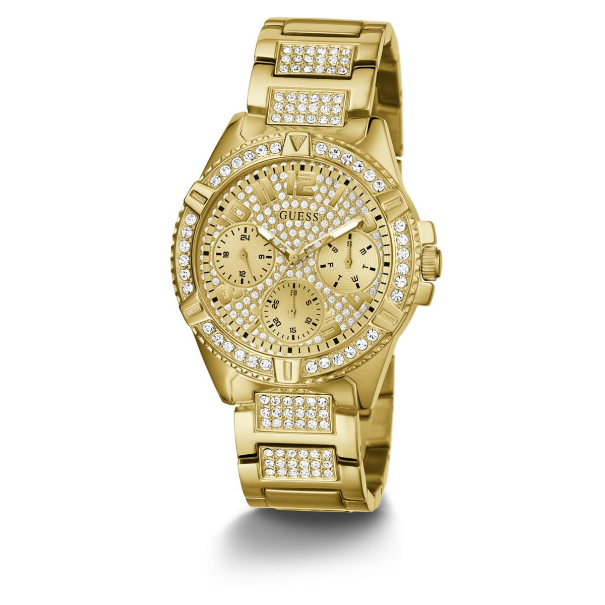 Gold tone women’s wristwatch with champagne dial, rhinestone bezel and bracelet, front view