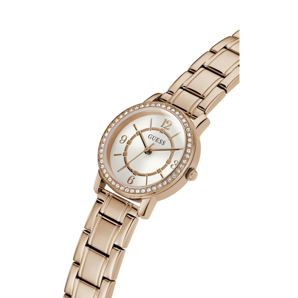 Gold-tone women’s wristwatch with white dial, rhinestone bezel, and linked bracelet