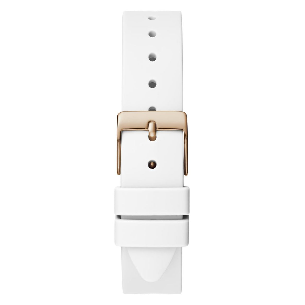 Guess women's watch clasp view with white silicone strap and rose-gold case