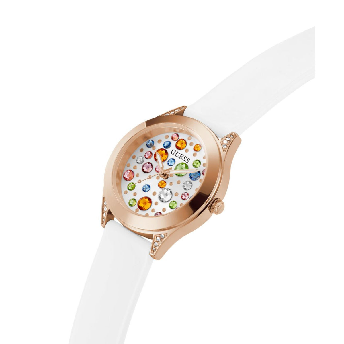 Guess watch with white silicone strap and rose-gold round case; sparkling jeweled dial