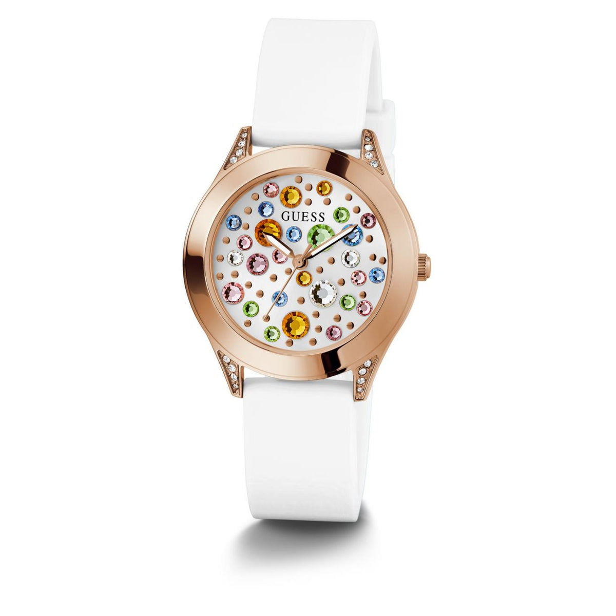 Guess mini wonderlust women's watch with white silicone strap and rose-gold jeweled bezel