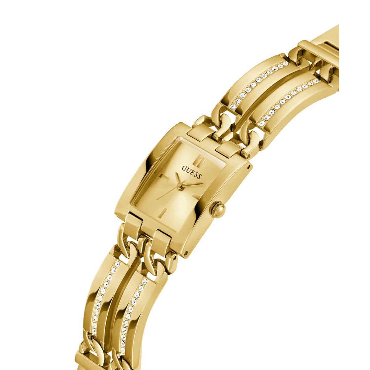 Women’s gold-tone watch with champagne dial and crystal rows on the link bracelet