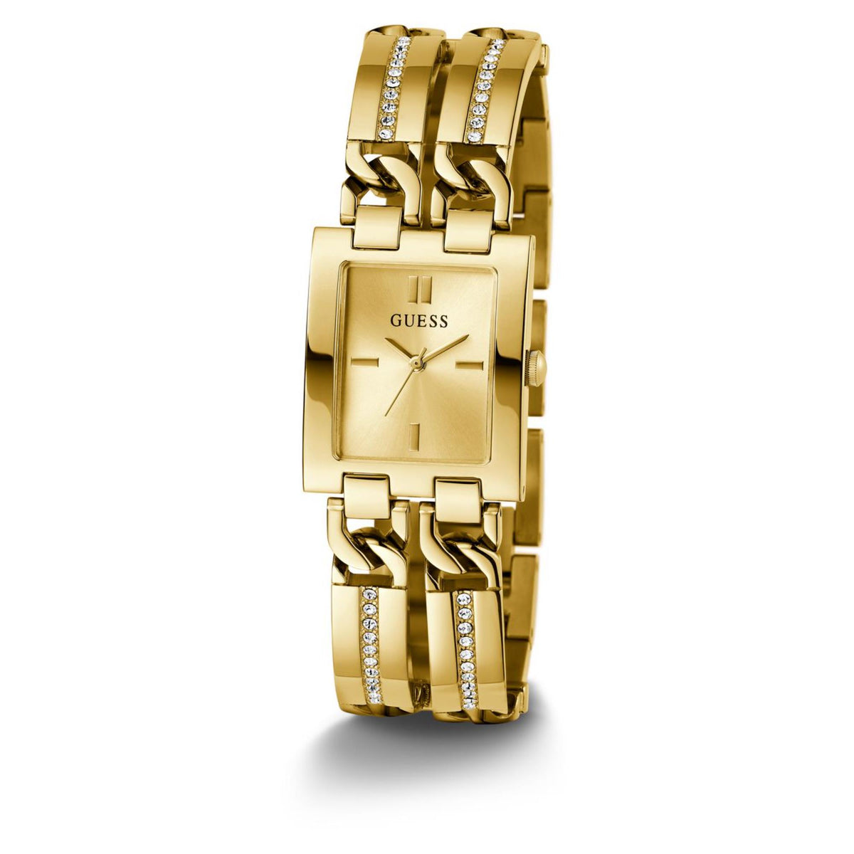 Women’s gold-tone stainless watch with champagne dial, rectangular case, and crystal-accent bracelet