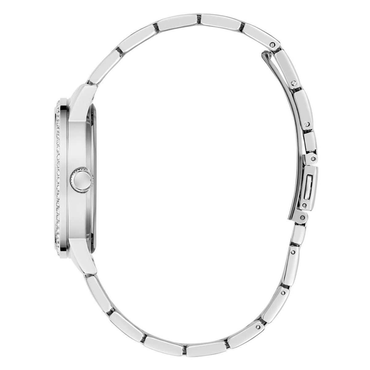 Women’s silver-tone stainless steel watch case and links, side view