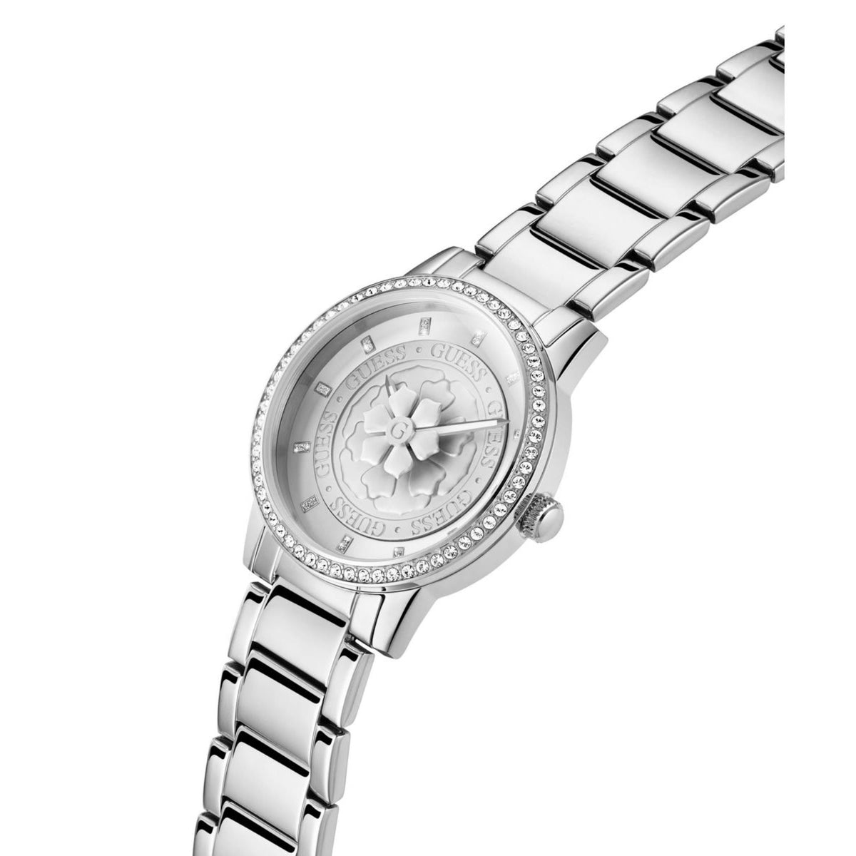Women’s silver-tone stainless steel watch with crystal bezel and gray dial, angled view