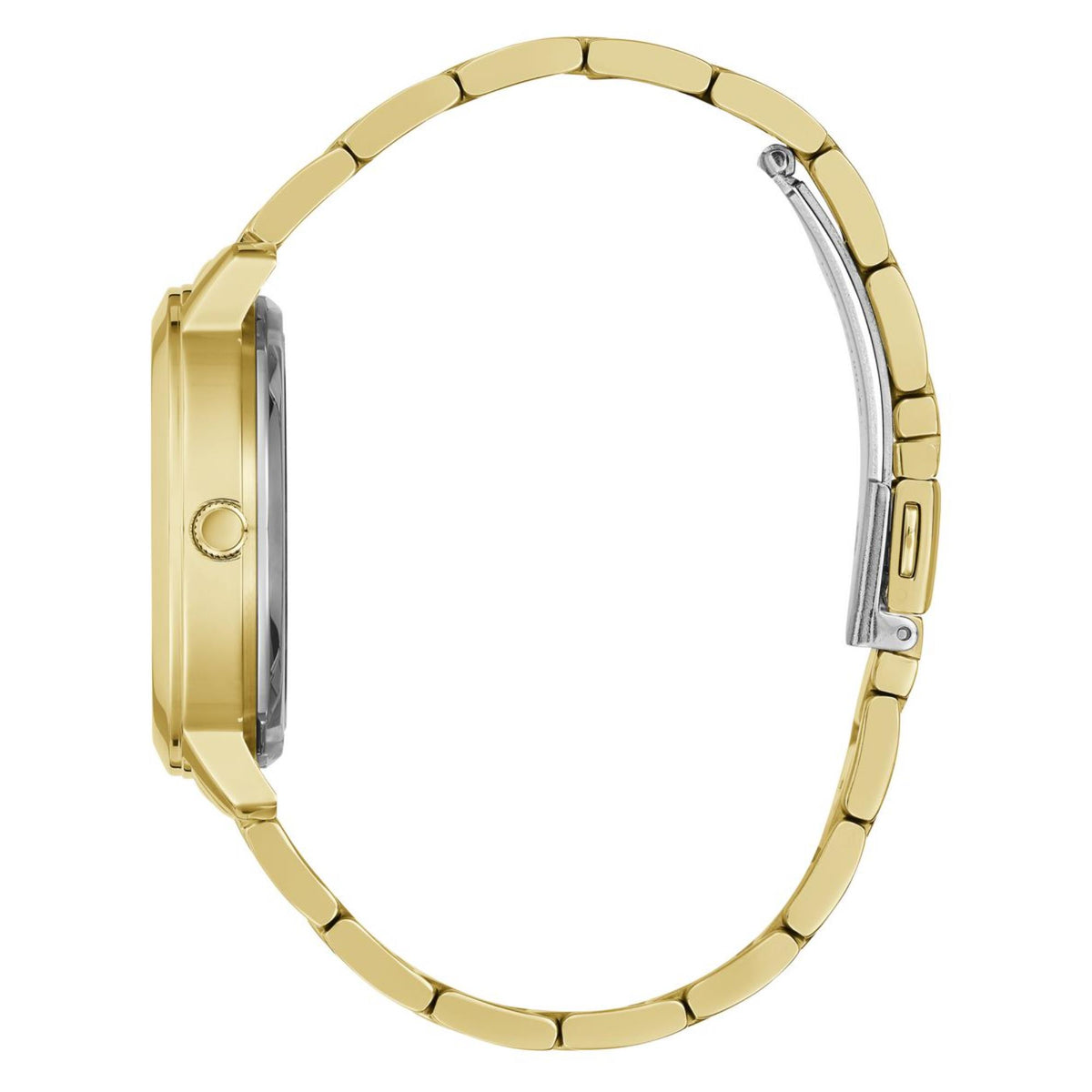 Women’s gold-tone metal watch case and link bracelet, side view with crown detail.
