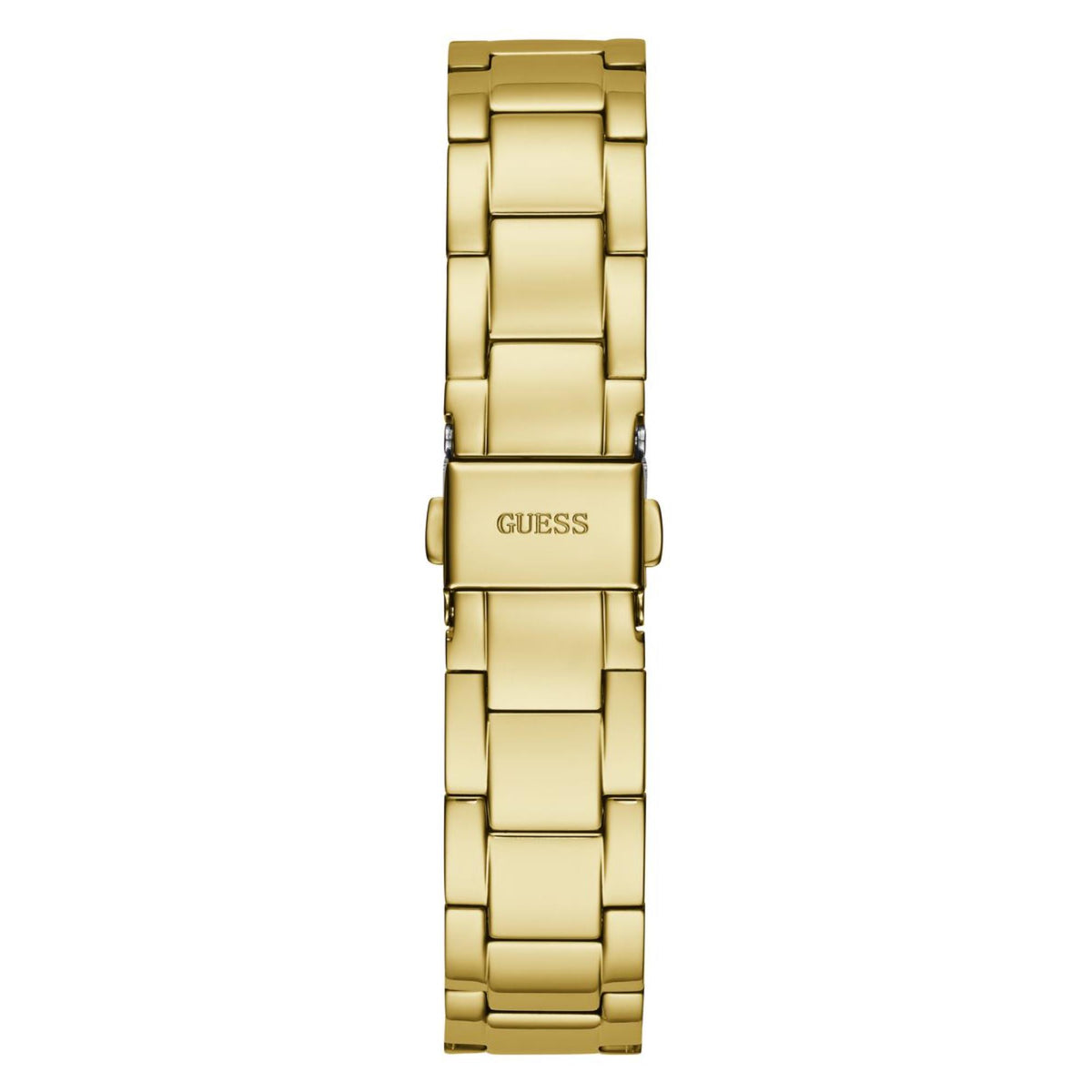 Women’s gold-tone stainless steel bracelet watch with clasp and brand name on buckle.