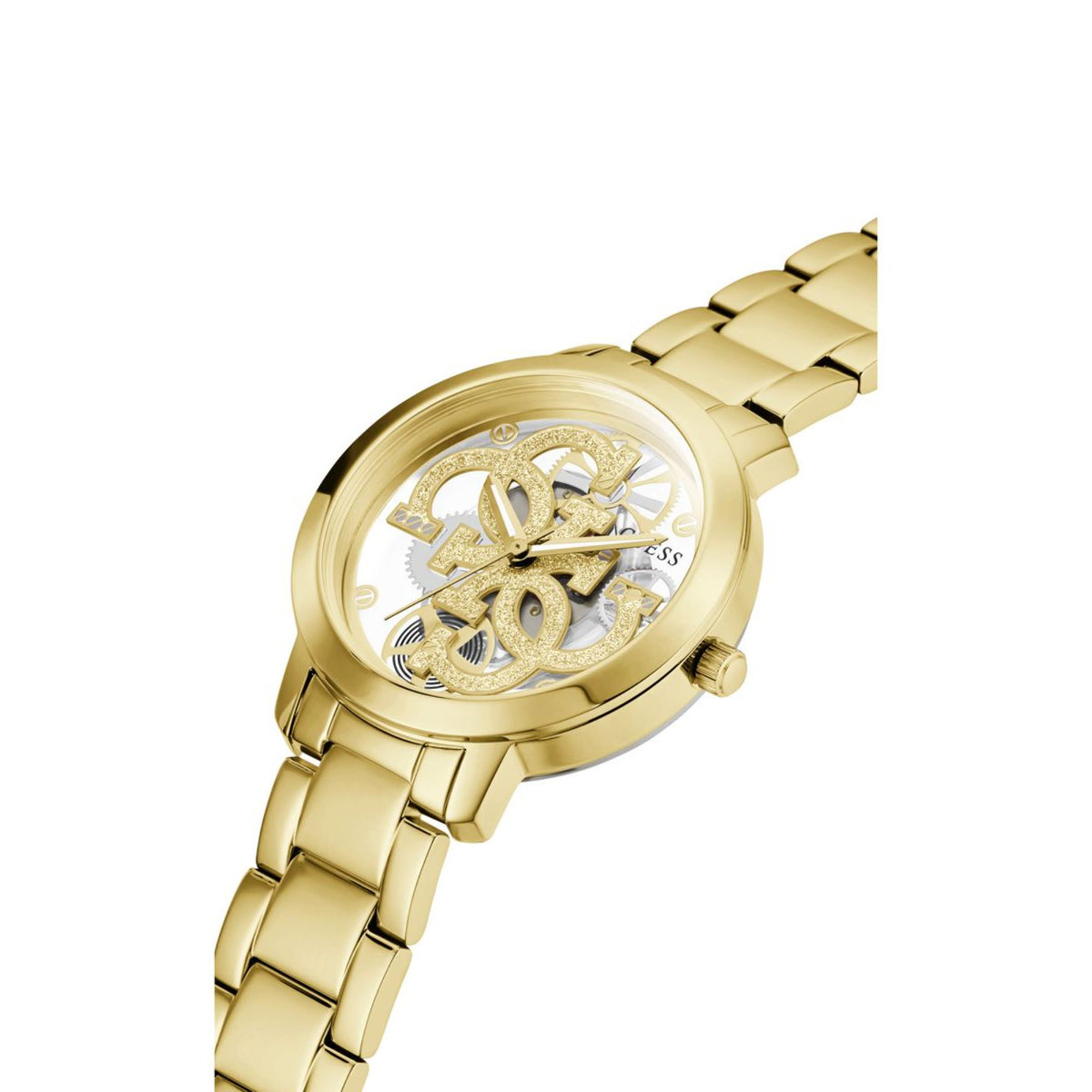 Women’s gold-tone skeleton dial watch, close-up view of ornate dial and round bezel.