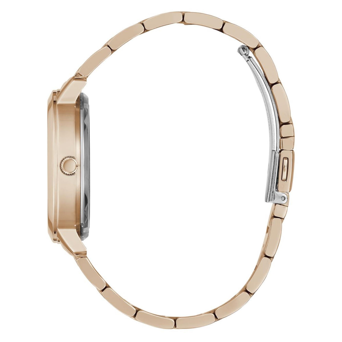 Women’s rose gold skeleton watch side view with stainless steel bracelet links