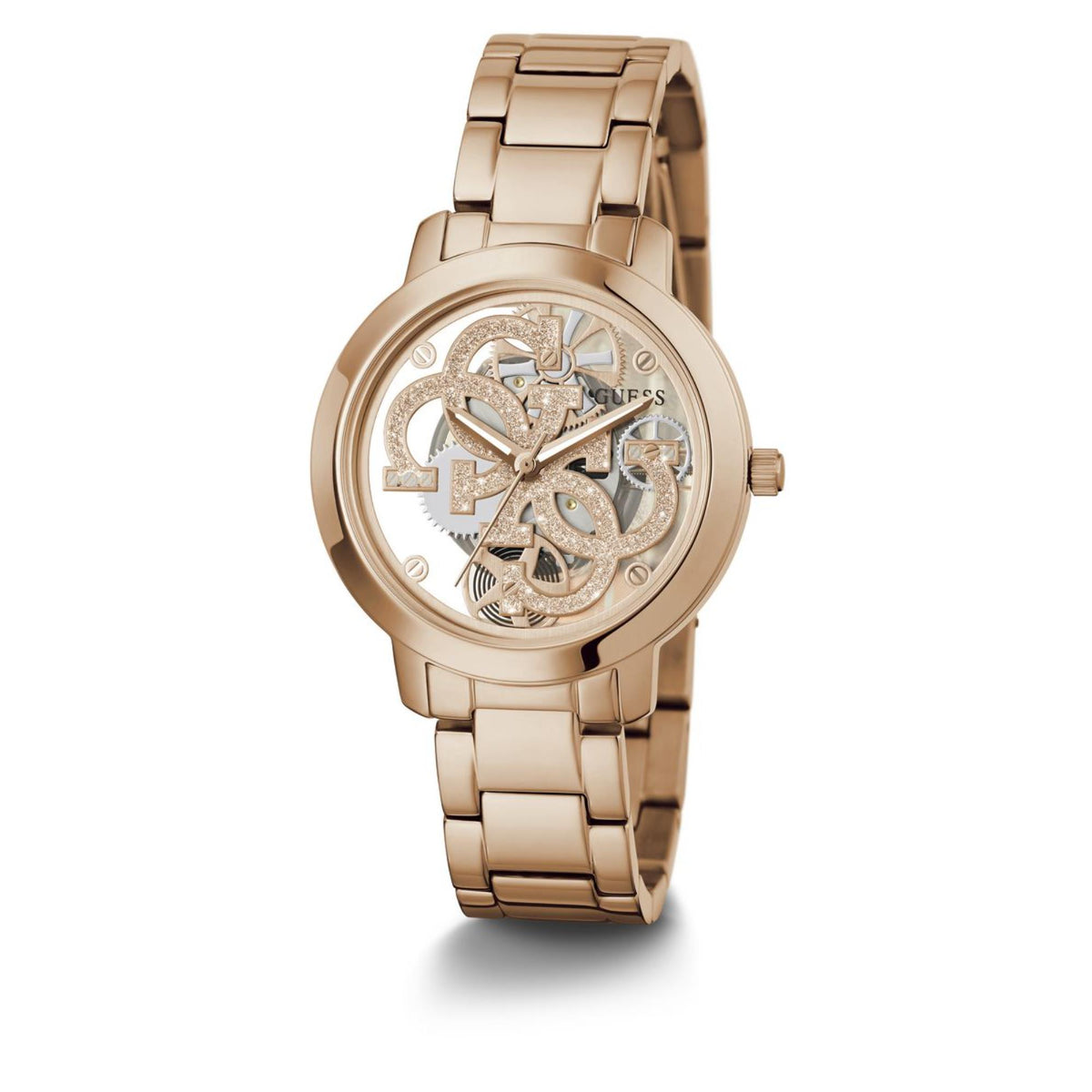 Women’s rose gold skeleton dial watch with stainless steel link bracelet