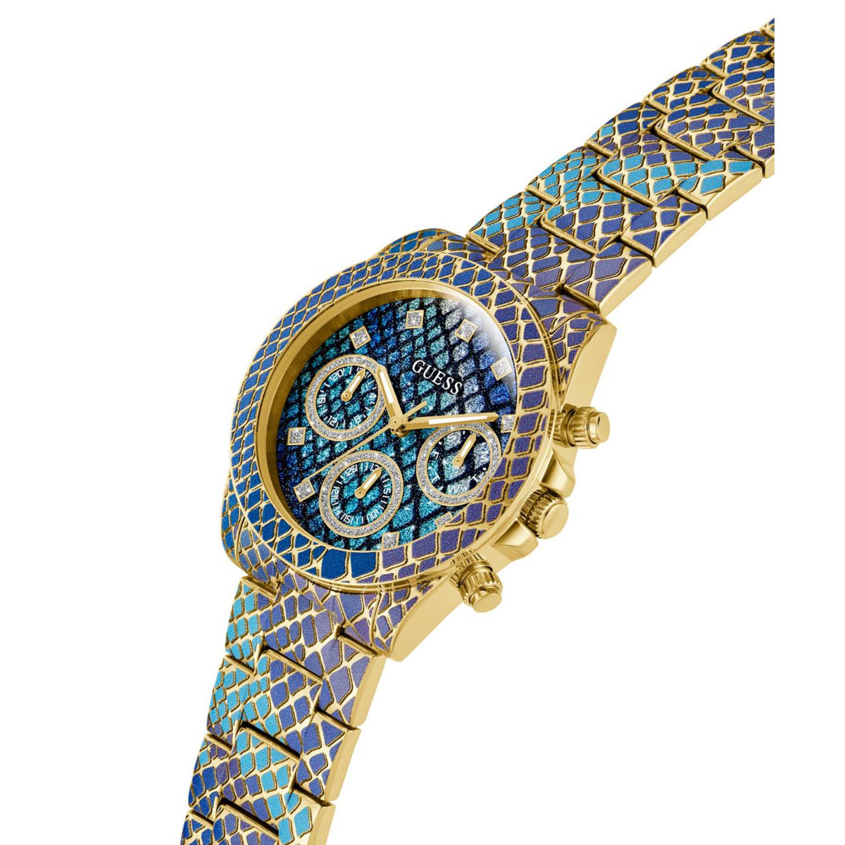 Women's animal-print dial watch with gold-tone bezel and blue face, angled view