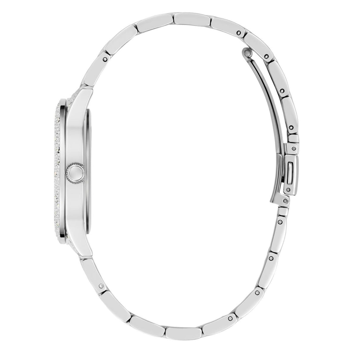 Silver stainless steel watch case with link bracelet and crystal accents