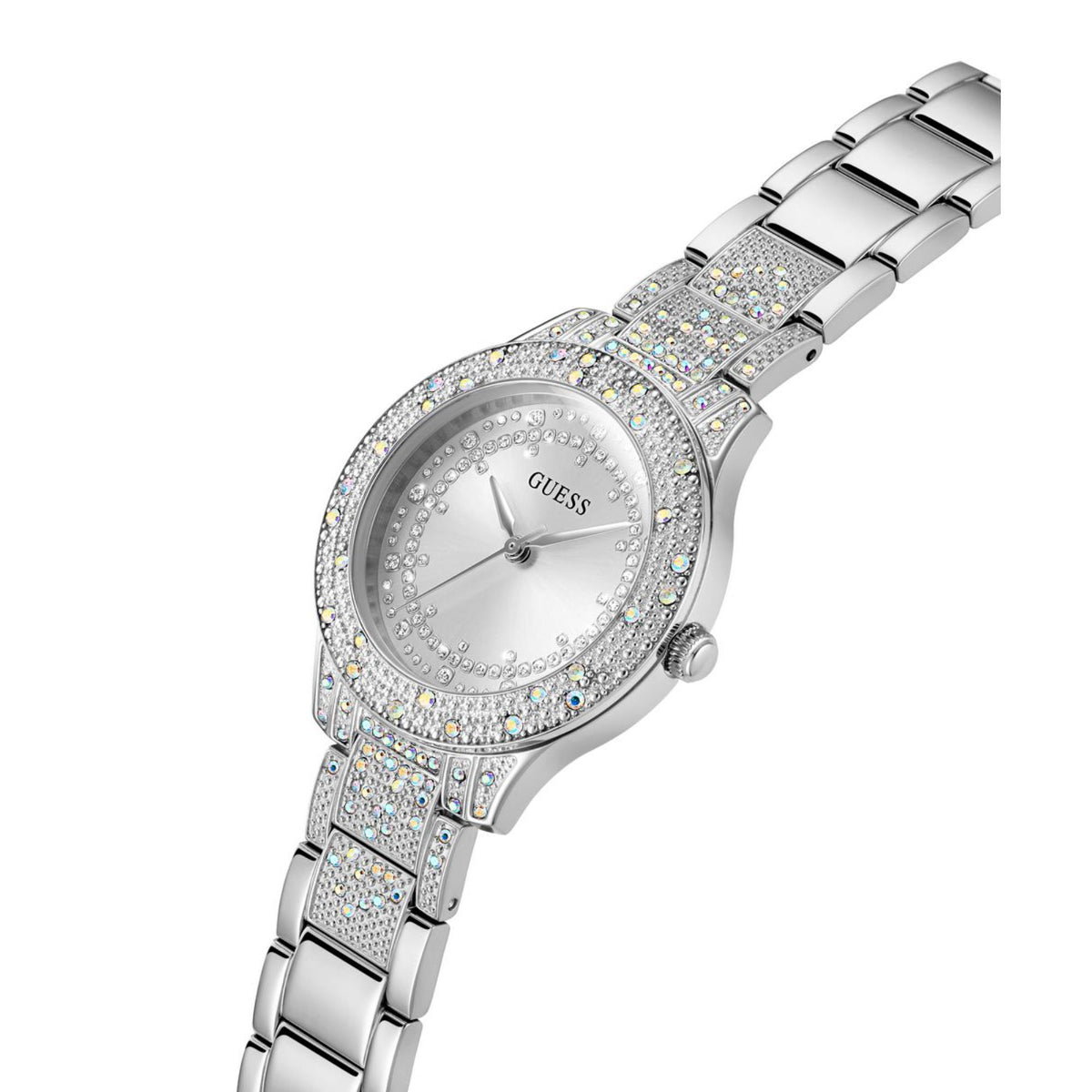Silver stainless steel women's wristwatch with round crystal bezel and bracelet