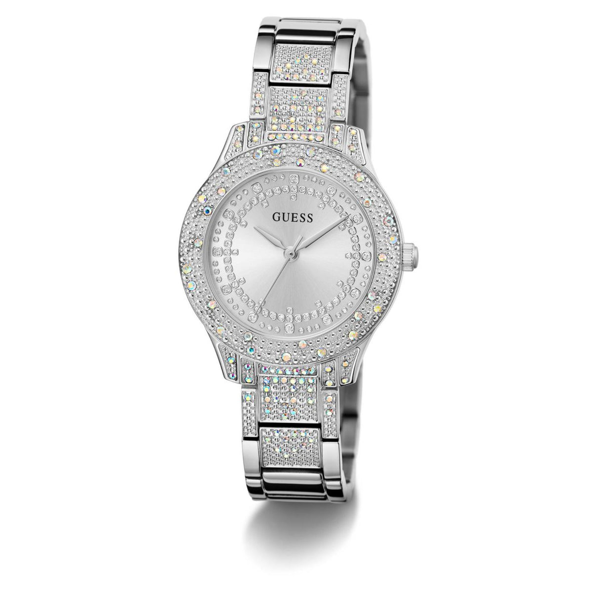 Silver stainless steel women's wristwatch with round crystal bezel, silver dial, right crown
