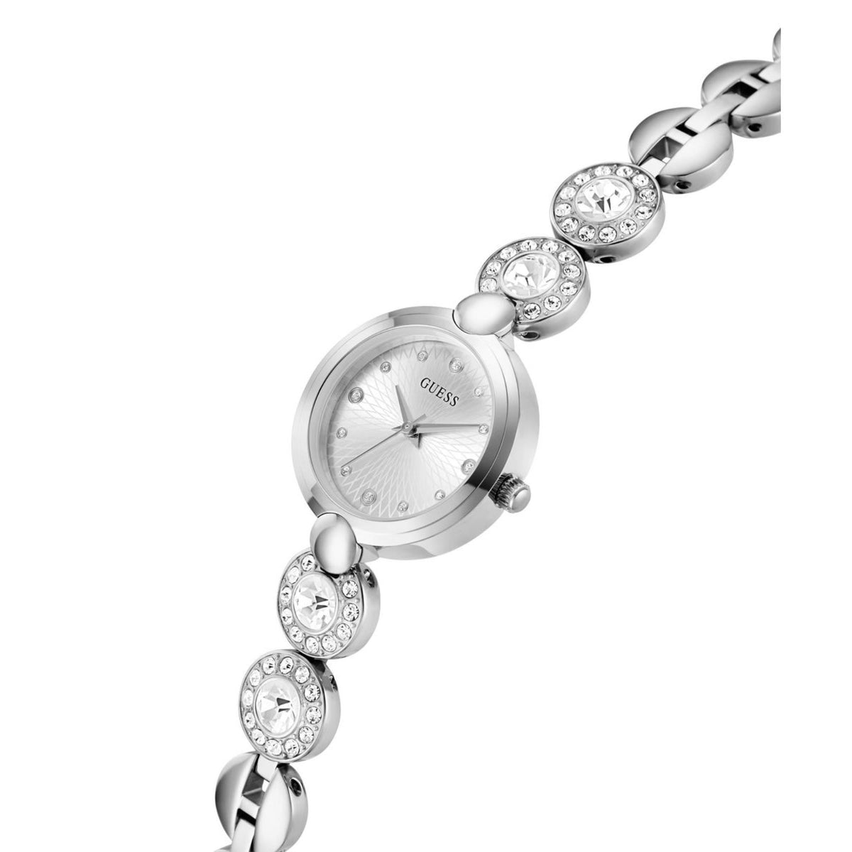 Women’s silver-tone round watch with gray dial, bezel sparkle, and crystal ball links