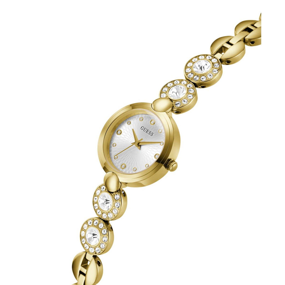 Gold-tone women’s watch with round face, crystal hour markers, and beaded link strap