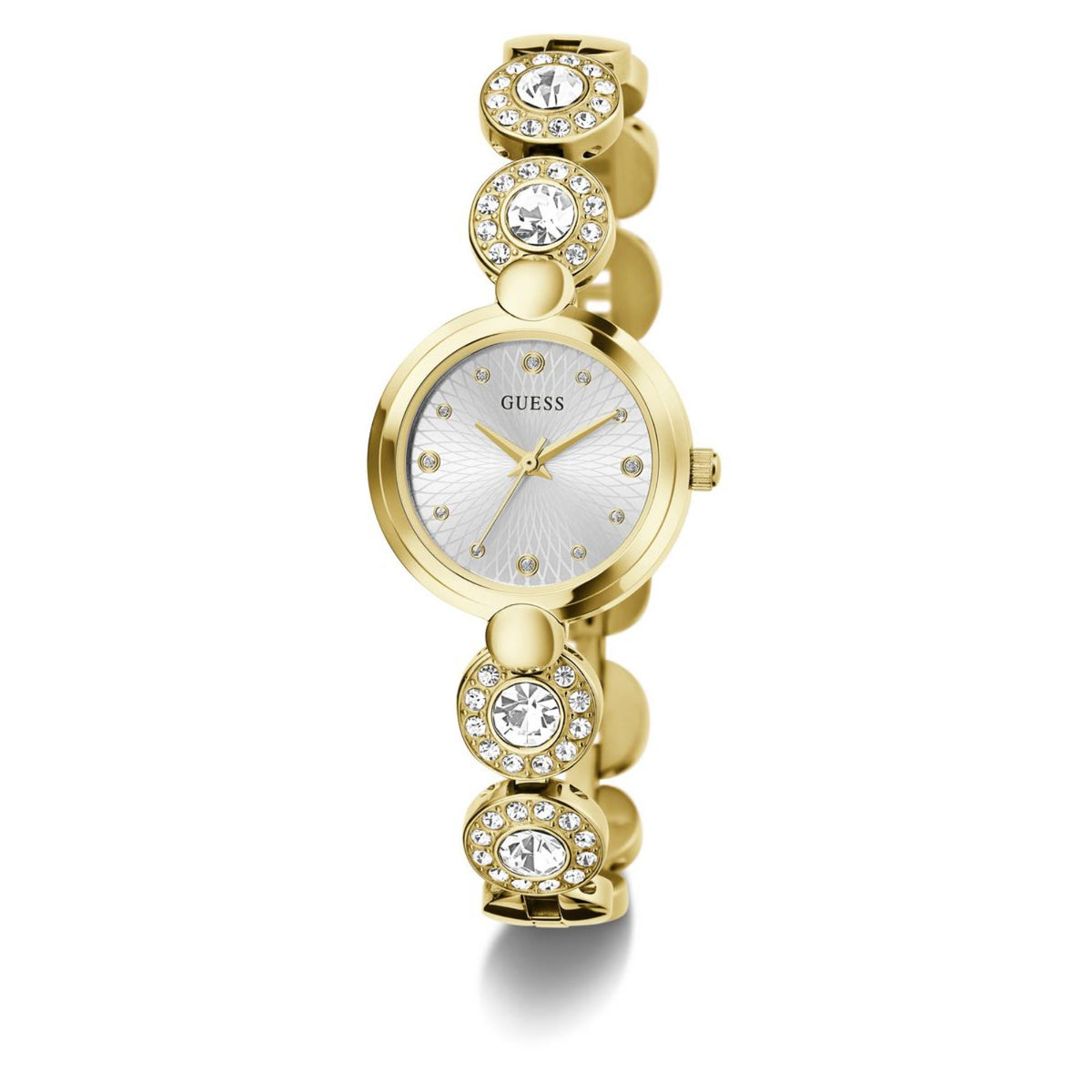 Women’s gold-tone round watch with light dial, crystal bezel, and rhinestone-link strap
