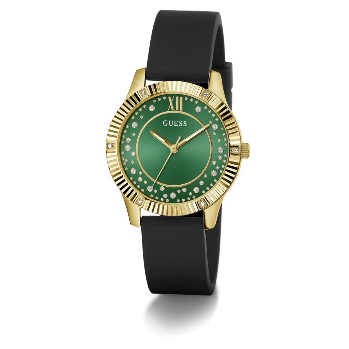 Guess women's watch front view, green dial with roman numerals, gold-tone bezel