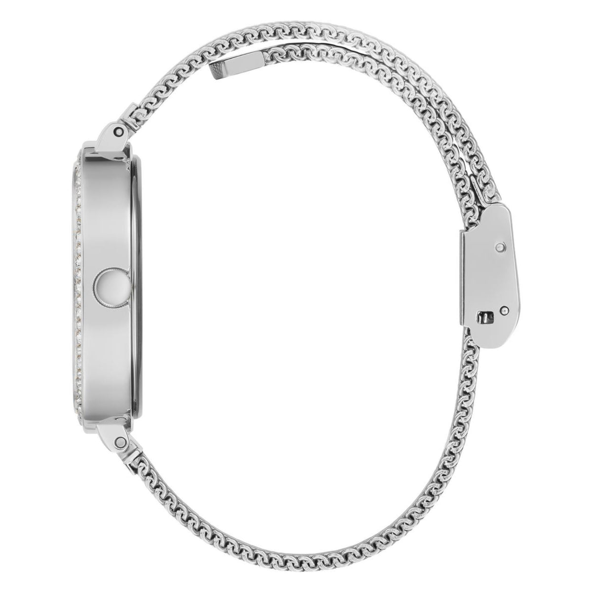 Women’s stainless steel watch side view with rounded square case and mesh link bracelet