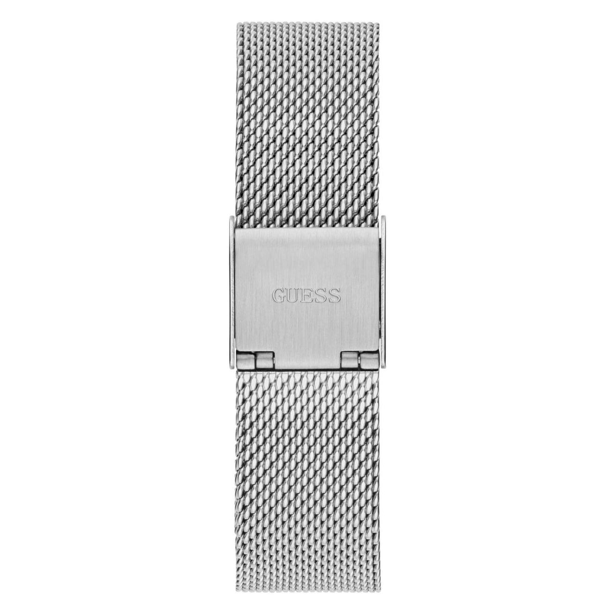 Women’s stainless steel watch clasp with mesh strap and “GUESS” engraving