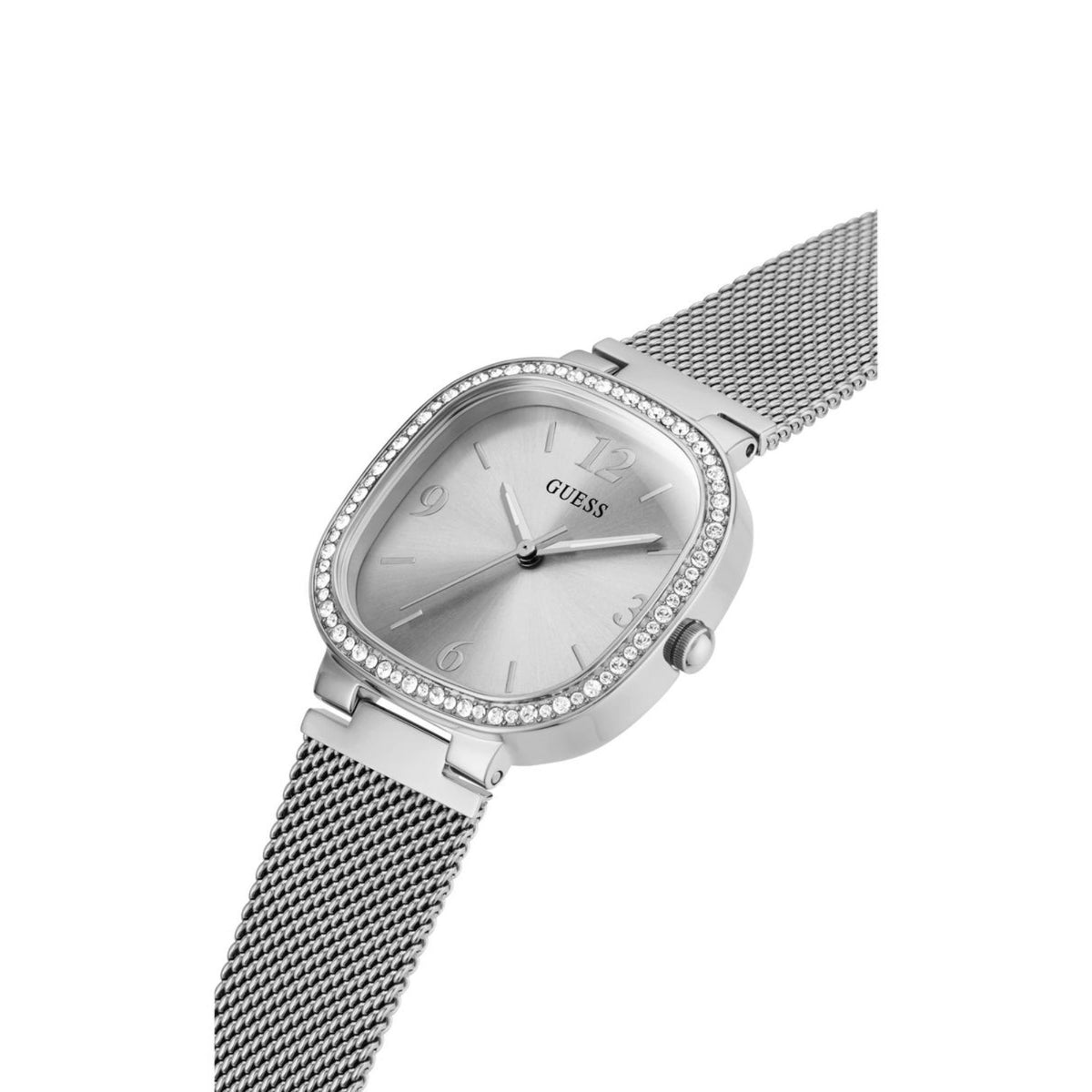 Women’s rounded square watch with silver dial, crystal bezel, and stainless mesh bracelet