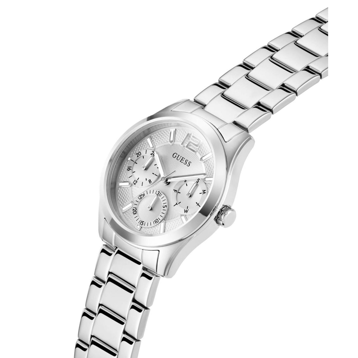 Guess Zoe silver stainless steel women's watch close-up with silver dial and subdials
