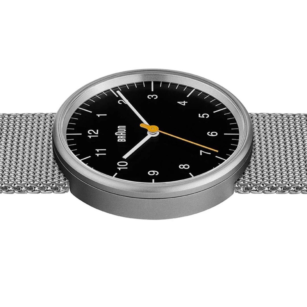 Men's stainless steel watch face with black dial and yellow seconds hand