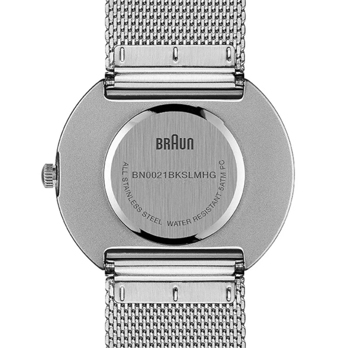 Stainless steel watch case back with mesh strap, model code BN0021BKSLMHG