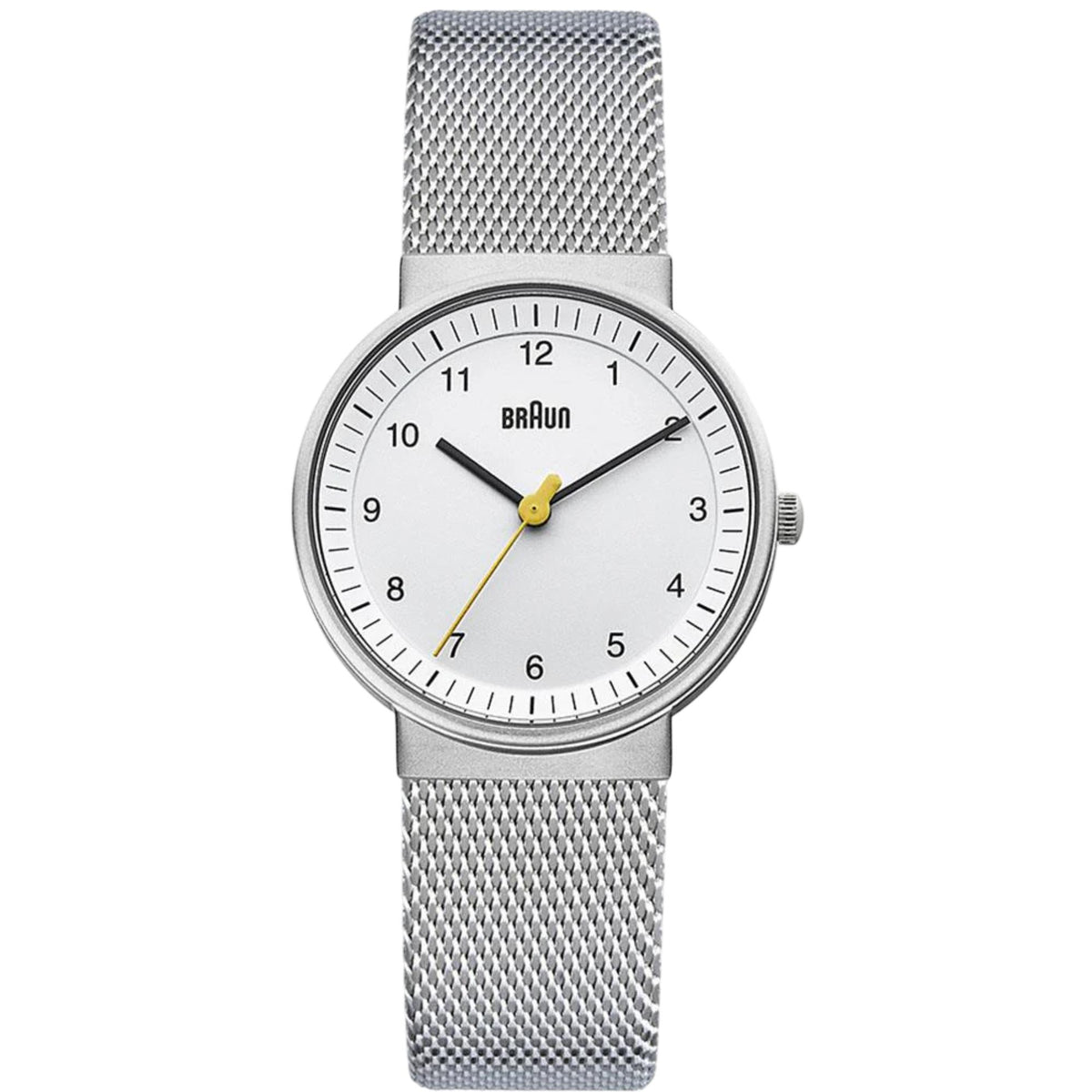 Silver stainless steel mesh strap women's analog watch with white dial and gold hands