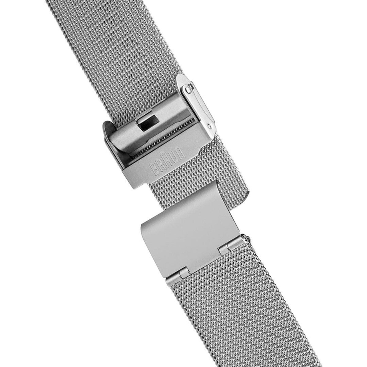 Silver stainless steel mesh watch band with clasp and case connection detail