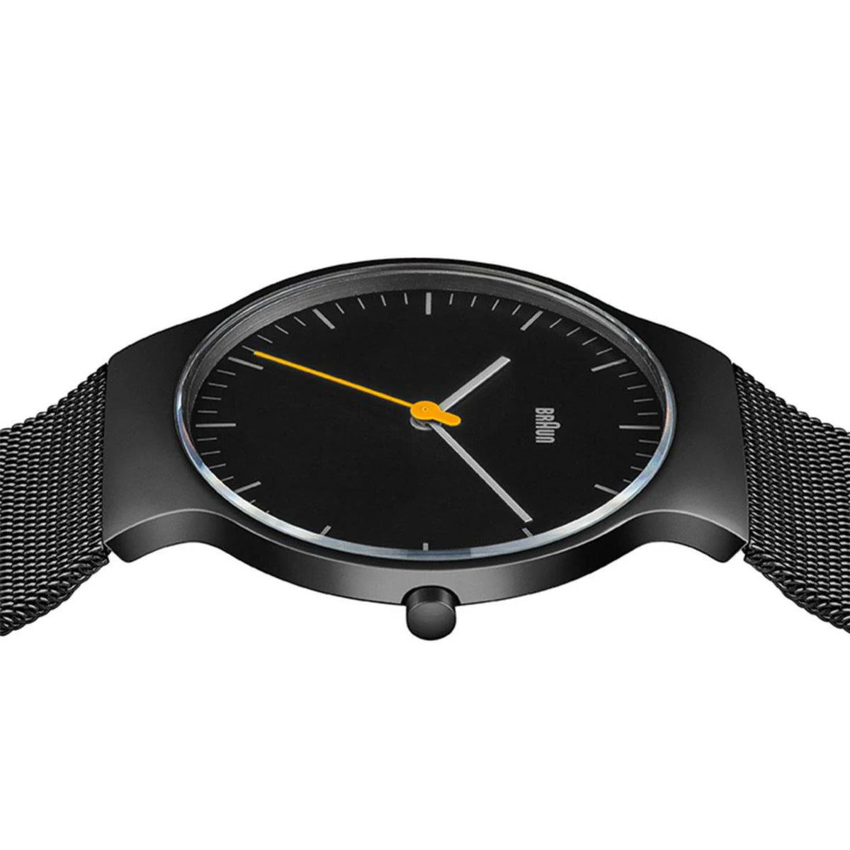 Black dial men's watch with yellow and white hands on black steel mesh strap