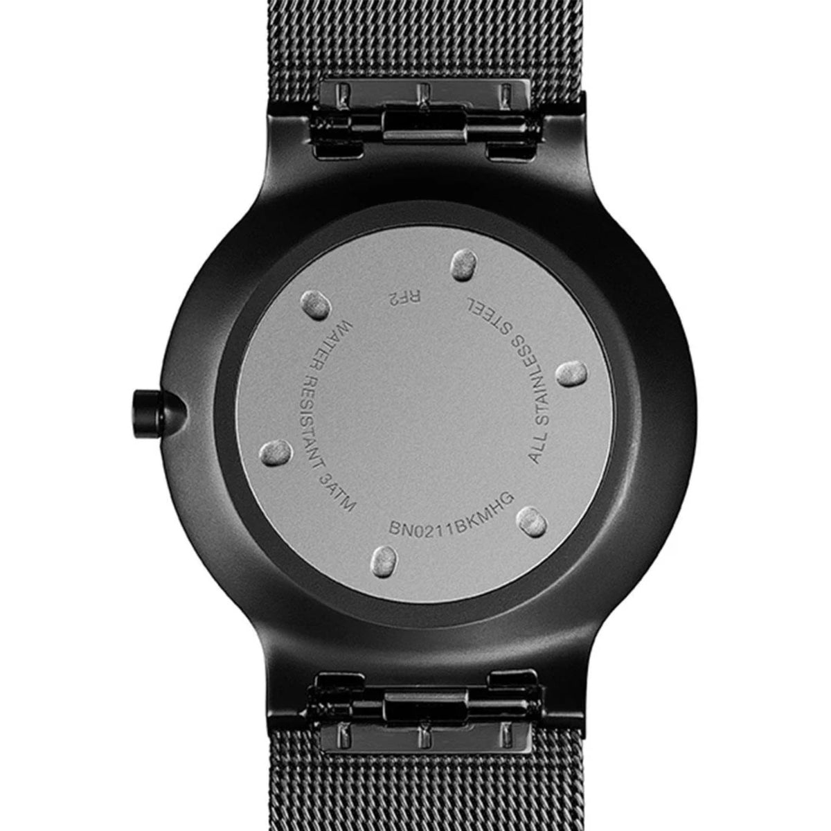 Back of black men's watch case with engraved markings and black steel mesh strap